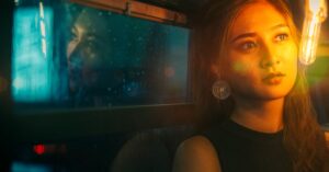 professional woman thoughtful night window hyderabad